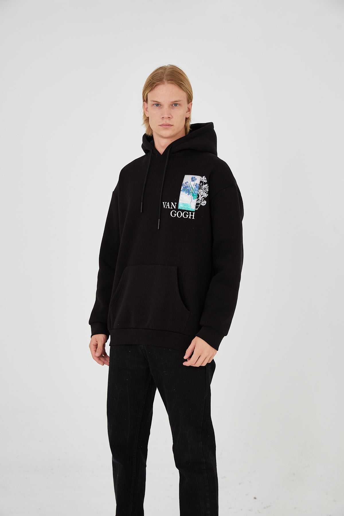 HOODIE - BLUE FLOWERS - BLACK